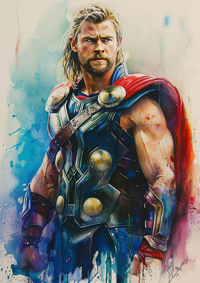Vibrant artwork of Thor featuring dramatic colours and heroic pose.